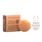 Tanamera Toning Green Coffee Body Soap shown with its brown cardboard box and a round bar of soap on a white background, alongside text highlighting body-toning benefits.