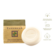 Tanamera White Formulation Body Soap shown with its olive green and beige cardboard packaging box on a white background, alongside three green informational icons on the right.