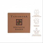 Packaging for Tanamera Postnatal Binder, featuring the brand logo, product name, and illustrations depicting the product's use and benefits.