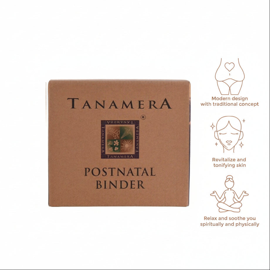 Packaging for Tanamera Postnatal Binder, featuring the brand logo, product name, and illustrations depicting the product's use and benefits.